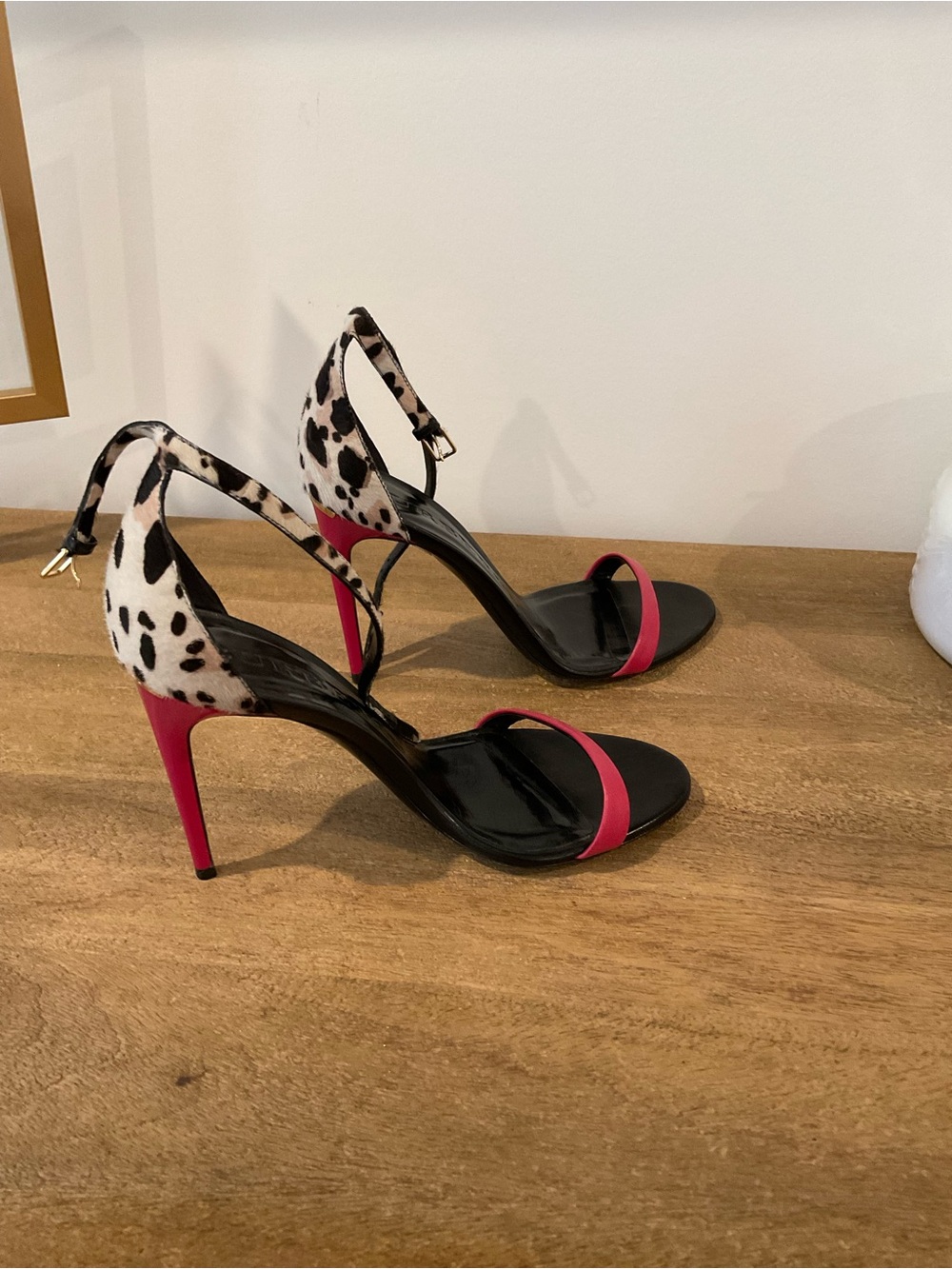 Burberry Black Footbed Pink Strap Leopard Ankle-Strap Heels